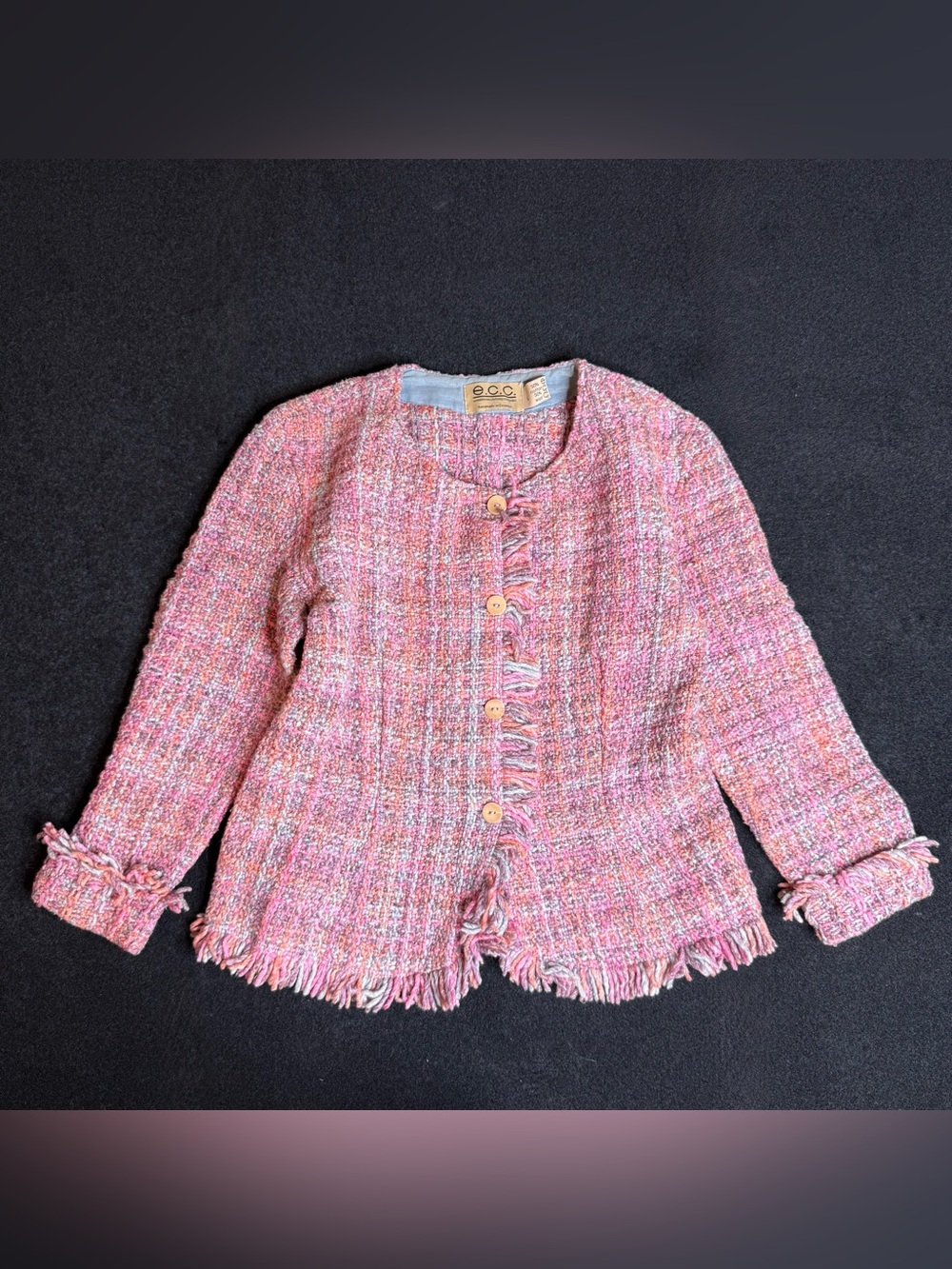 ECC Ecuadorian Clothing Co Womens L Wool Cotton Tweed Fringe Jacket Pink Boho